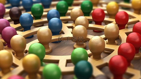 商务沟通背景图片_3D 插图互连圆圈与彩色木棋子相互关联概念的特写视图