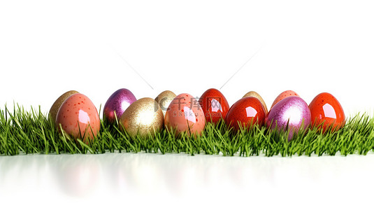创意贺卡背景图片_充满活力的复活节彩蛋坐落在郁郁葱葱的绿色田野中，白色背景上的 3D 渲染插图