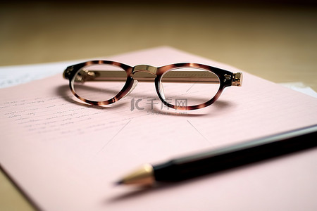 一张纸上的眼镜和笔的图像
