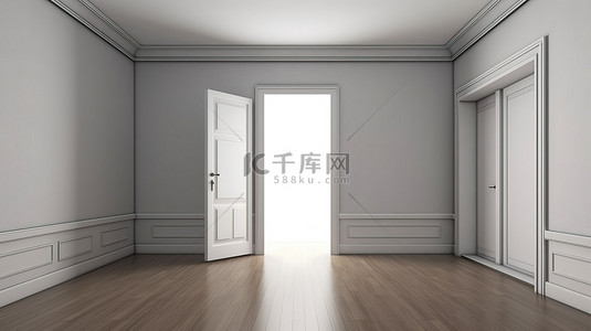 空白房间的 cg 渲染，带有关闭的门和文本空间