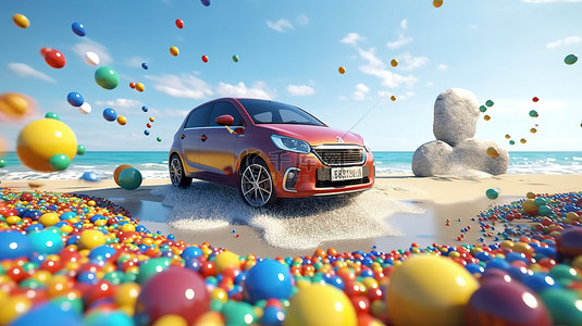 彩色球环绕海滩上的汽车和冲浪板 3D 渲染