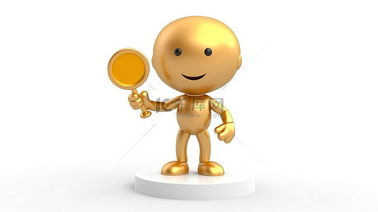 拿着金奖奖杯的人物吉祥物的 3D 渲染，白色背景上有空白广告架