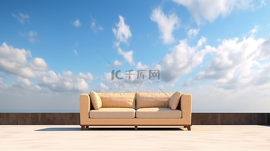 沙发设计背景背景图片_带 3d 棕色沙发和蓝天背景的露台场景