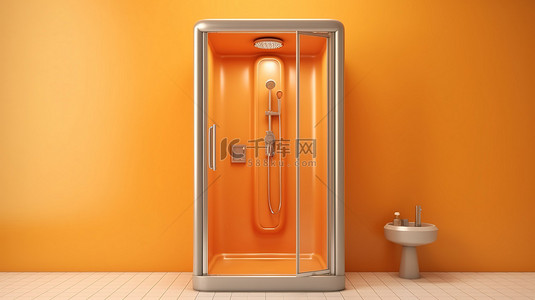 我会洗手背景图片_单色淋浴柜，带有一丝金色，充满活力的橙色内部 3D 渲染