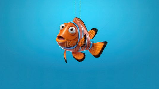 蓝色背景下凝视鱼钩的卡通红海小丑鱼的 3D 渲染
