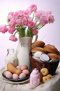 饼干原料背景图片_一篮子牛奶鸡蛋面包和饼干
