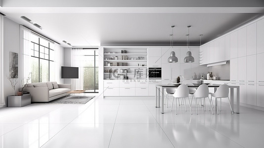 厨房简约绿色背景图片_时尚而现代的室内设计 3D 渲染简约的起居厨房和用餐区