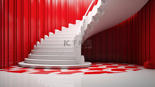 渲染背景上令人惊叹的 3d 白色和红色楼梯