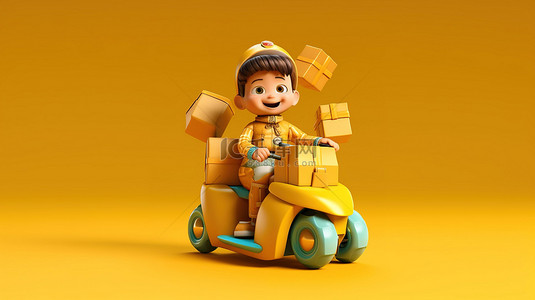 角色坐背景图片_快乐的青年 3D 动画人物乘坐火箭翱翔，黄色背景下坐着礼物