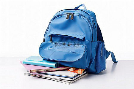 蓝色书包，书包上装有白色隔离的学习用品