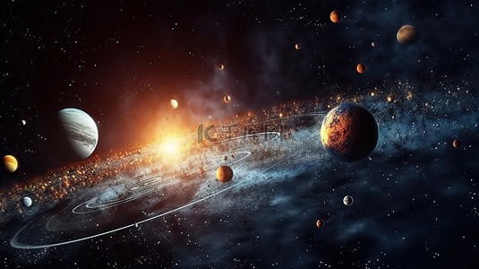 宇宙鹅卵石背景图片_令人惊叹的太阳系 3D 渲染，包括行星太阳月亮和银河系