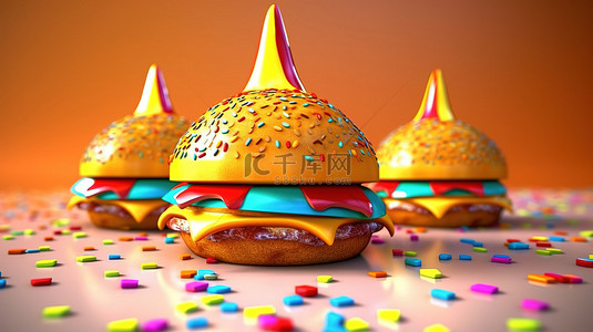 3d 渲染的汉堡包与节日派对帽子