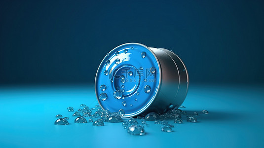 闪闪发光的蓝色罐头，在相同色调的背景上有水滴，以 3D 数字渲染