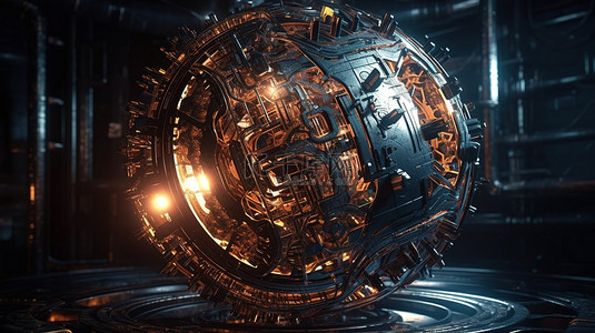 金属球体中心的科幻物体发光能量，具有 3d 渲染的混沌结构