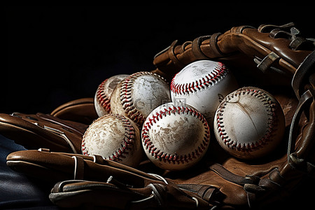 棒球放在棒球手套内和黑色纹理背景上