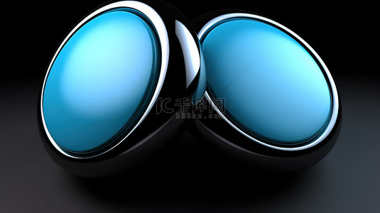 两个蓝色和黑色圆形图标的 3D 插图呈现