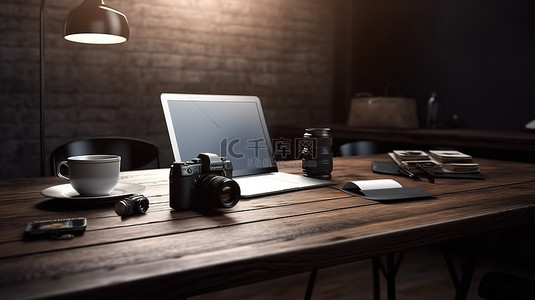 带 3D 渲染工作区的木桌，包括笔记本电脑咖啡杯相机平板电脑和空白空间