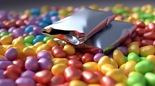 彩虹糖背景图片_涂层糖果彩色巧克力豆从零食包装包装中迸发出来的 3D 插图