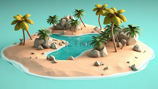 热带海水背景图片_热带岛屿天堂棕榈树水晶般清澈的海水和沙滩的 3D 等距视图