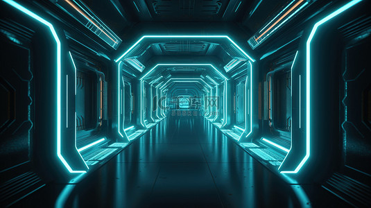 未来派科幻插图霓虹灯发光的蓝色宇宙飞船走廊 3D 渲染