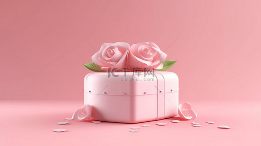 3D 渲染玫瑰和心形礼品盒在柔和的粉红色背景上庆祝情人节