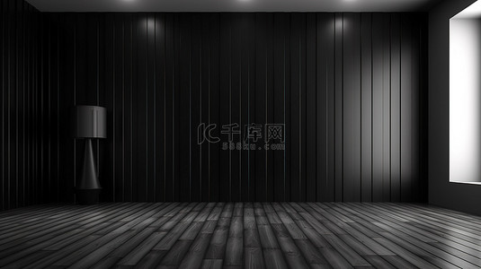 一个没有家具的黑暗房间的简约 3D 渲染，配有光滑的黑色木地板和墙壁