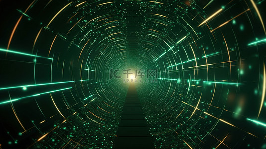 隧道动图背景图片_具有动态波浪虫洞和粒子流的绿色背景线框隧道的未来 3D 渲染