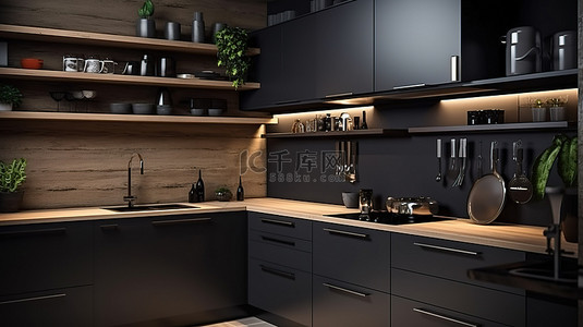 现代黑色厨房装饰，配有 3D 可视化时尚家具和电器