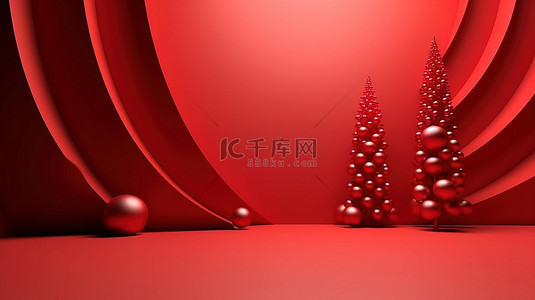 红色背景上的时尚圣诞树，令人惊叹的 3D 设计，适合冬季庆祝活动