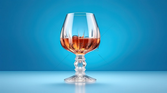 高脚杯玻璃背景图片_蓝色背景上干邑威士忌玻璃高脚杯的真实 3D 插图