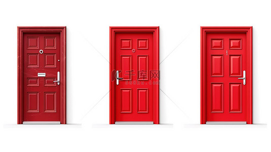 白色背景上呈现的 3D 隔离中独特的红色门的集合