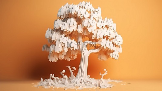 秋季和万圣节装饰 3D 像素化卡通树，漂白白色，树枝干燥