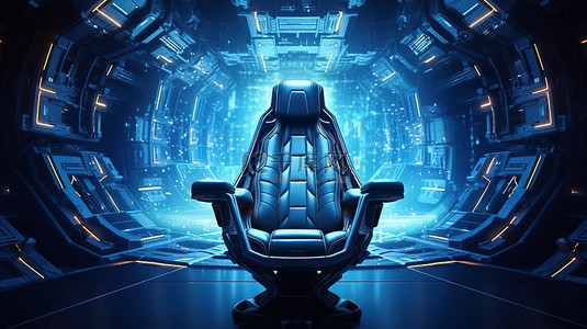 具有抽象背景和 3D 渲染椅子的未来派太空飞船工作环境