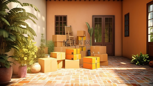 搬家公司logo背景图片_新家新开始 3D 渲染包装好的搬家箱