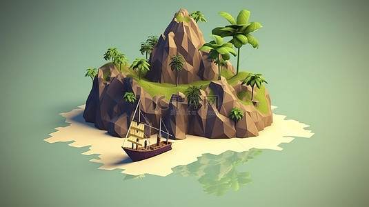 沙漠海洋背景图片_低聚岛冒险 3D 渲染放松概念