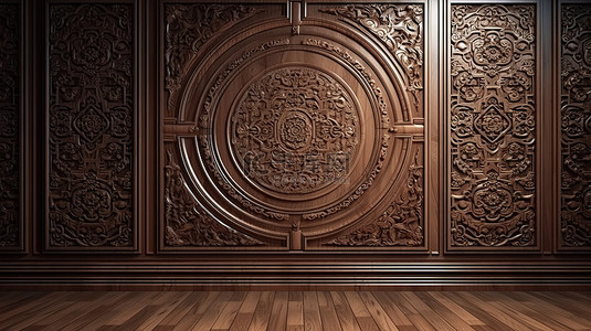 棕色木墙背景与现代奢华经典东方图案 3d 渲染