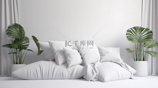 带植物和 3d 渲染沙发枕头的白色房间