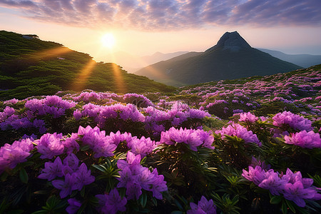 黄昏时的天空背景图片_黄昏时的紫色杜鹃花和山脉