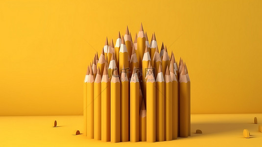 回到学校，黄色背景中铅笔的最小概念 3d 渲染