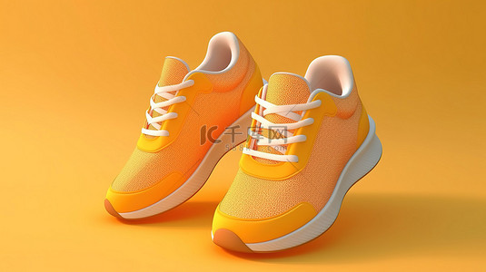 亮橙色背景图片_充满活力的中性帆布运动鞋，亮橙色和黄色，白色升高鞋底 3D 可视化