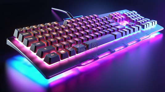 具有充满活力的 RGB 照明的游戏键盘 3D 渲染