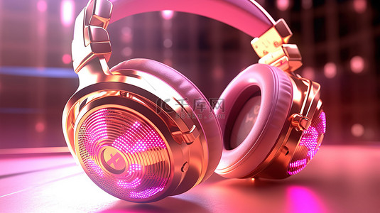 用于音乐和娱乐技术的粉色和金色耳机的 3D 渲染概念