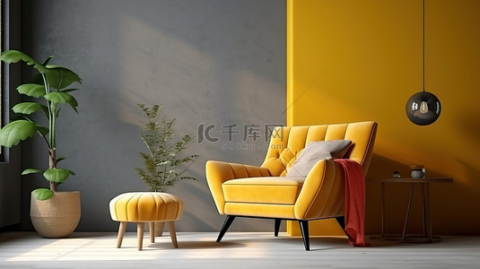 充满活力的客厅的 3D 渲染，背景是阳光明媚的黄色扶手椅地毯和餐具柜