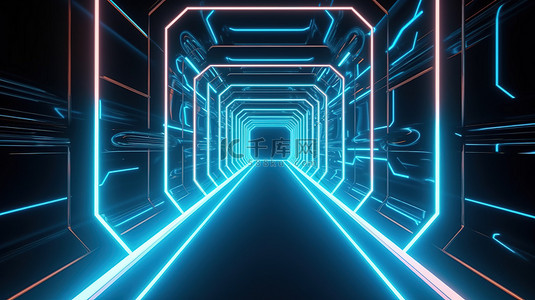 科幻城市背景图片_太空隧道中的 3d 景观霓虹灯和未来派建筑
