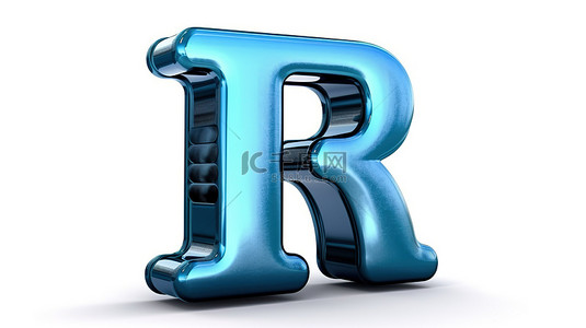 蓝色金属质感背景图片_白色表面上小写的小 r 3D 渲染字体，具有蓝色阳极氧化表面和哑光纹理