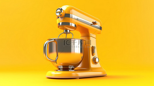 充满活力的背景 3D 渲染上芥末黄色的复古厨房立式搅拌机