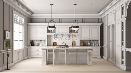 用经典的厨房内部 3D 效果图装饰您的家