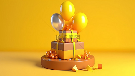 蛋糕气球礼物背景图片_黄色礼品盒的 3D 插图，配有气球，非常适合圣诞节生日和庆祝活动