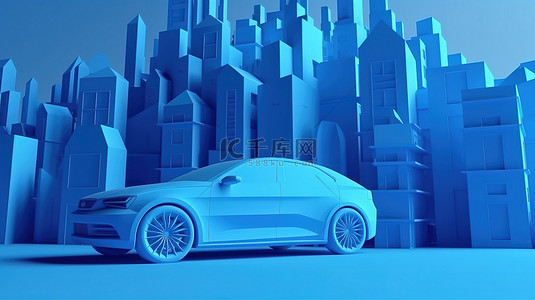 塔塔汽车背景图片_蓝色城市景观的未来派 3D 插图与街道抽象横幅模型上的汽车