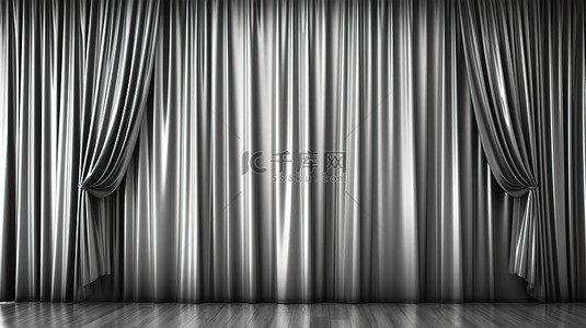 灰色窗帘背景图片_光滑的缎灰色窗帘装饰 3D 剧院电影院或展览渲染中的金属窗帘